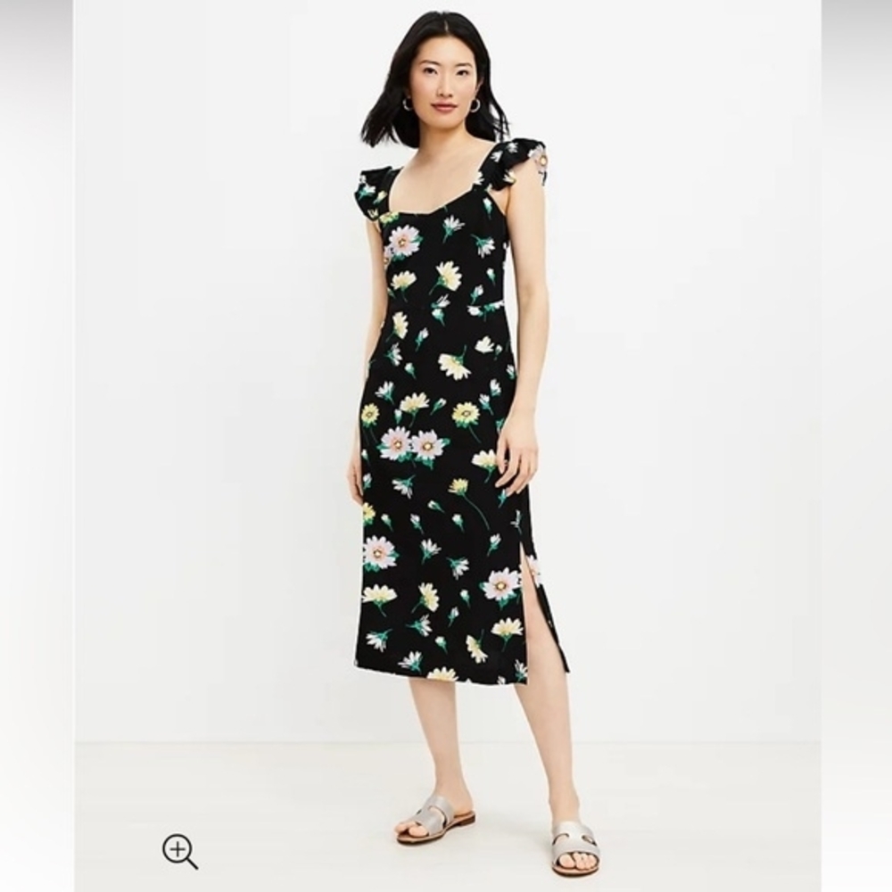 LOFT Black Floral Midi Dress